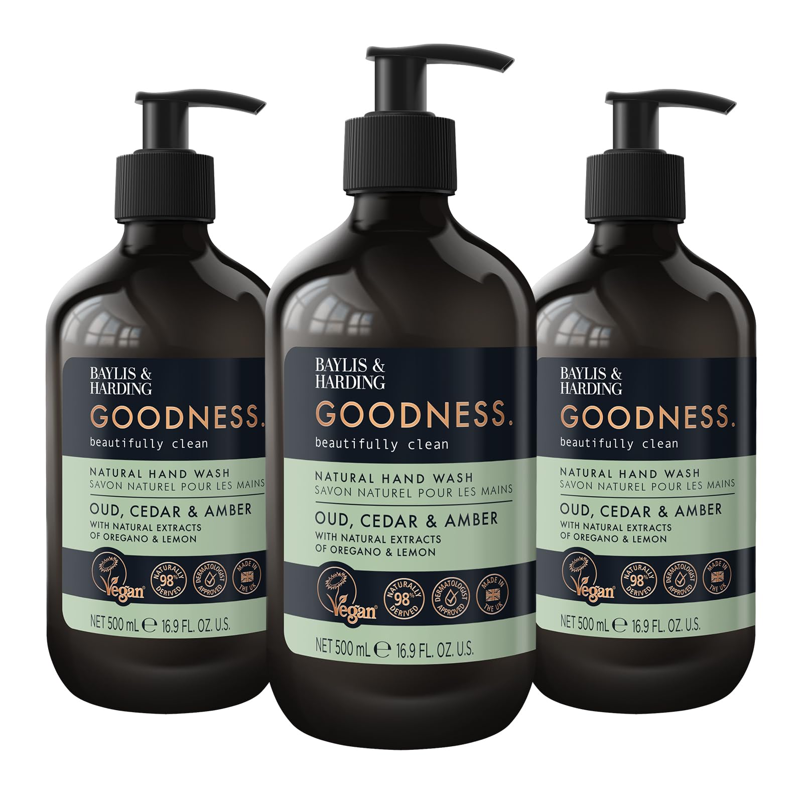 Baylis & Harding botella frontal 500ml Goodness con aroma Oud Cedar Amber y aspecto premium