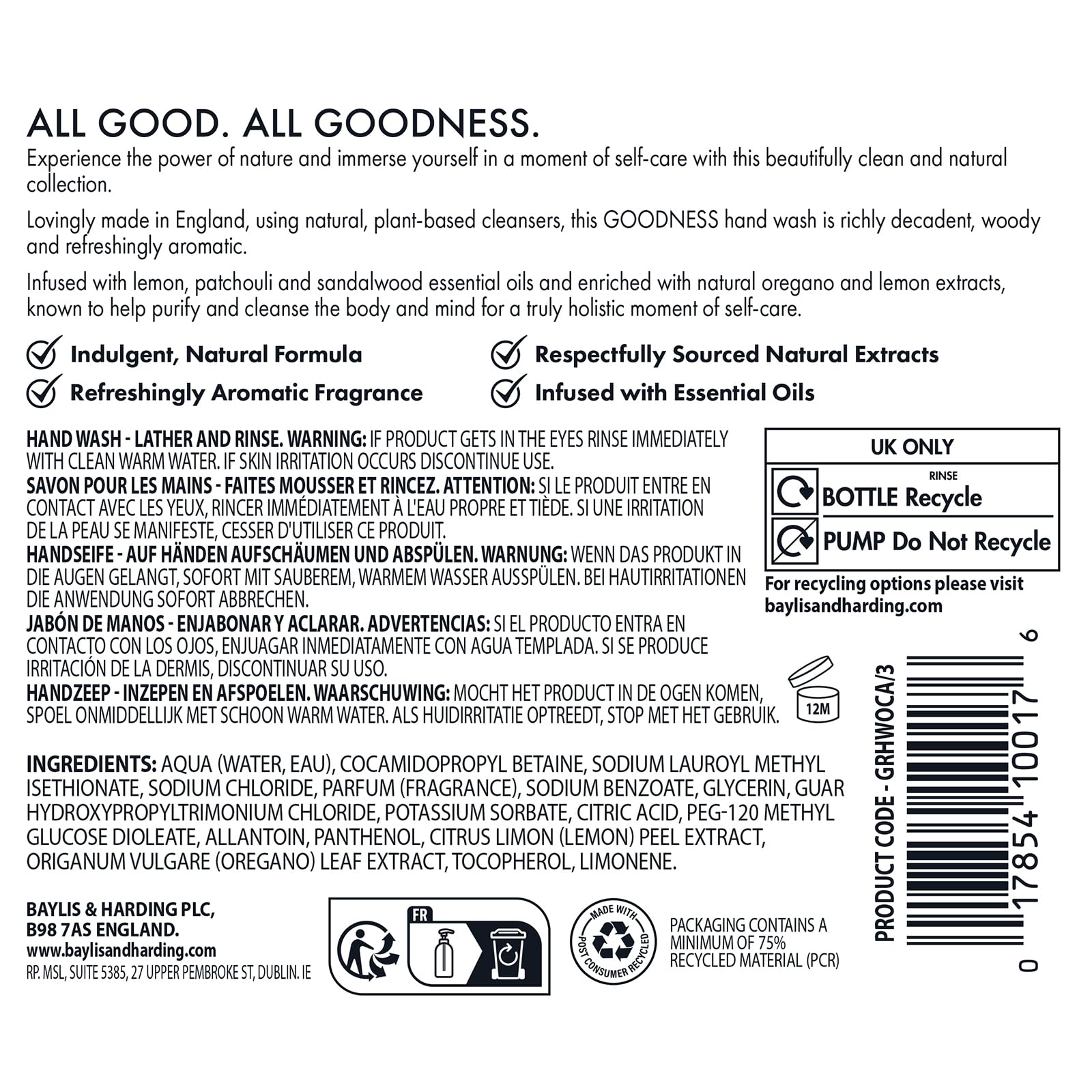 Baylis & Harding envases de refill y reciclaje mostrando opción sostenible de uso