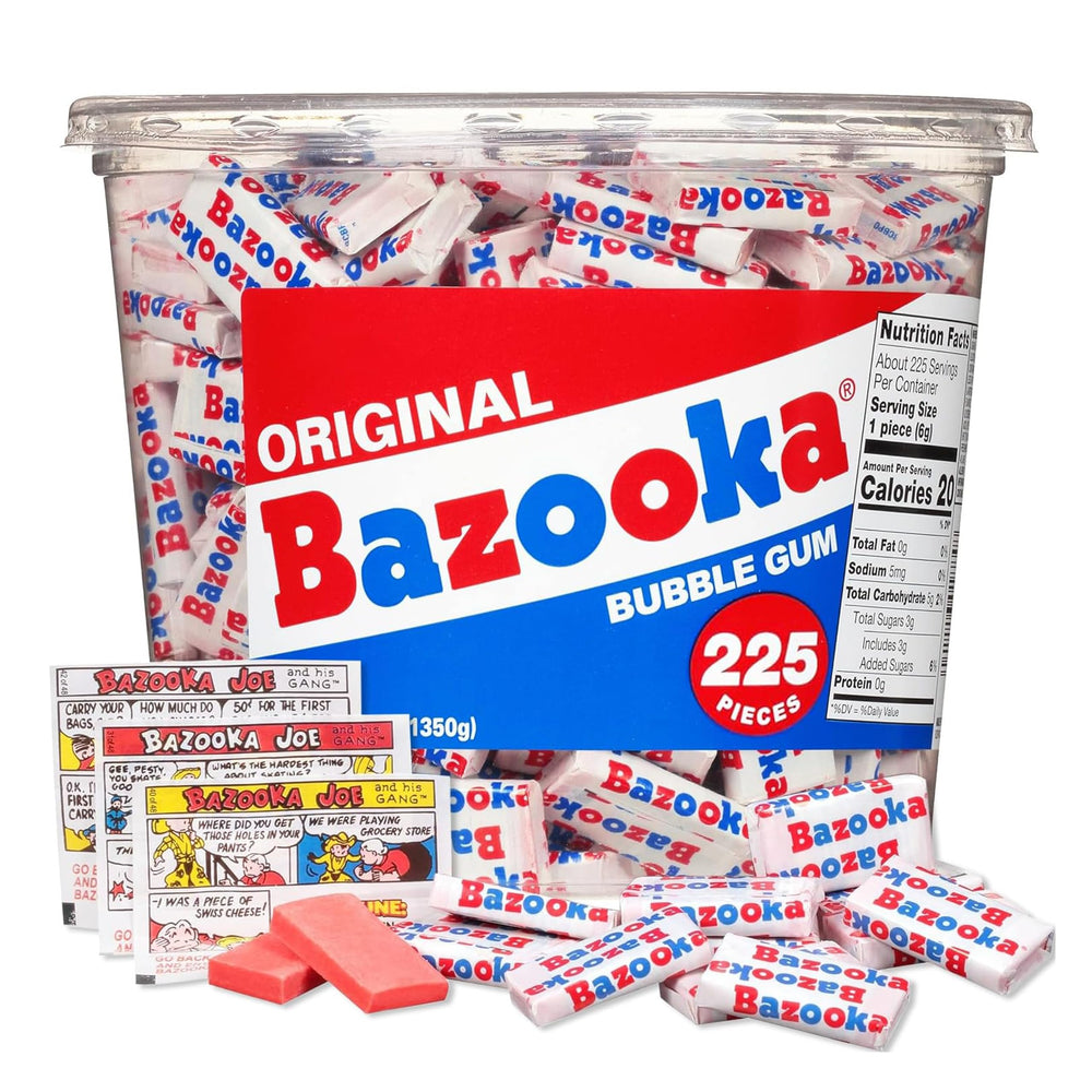 Bazooka cubeta frontal mostrando 225 chicles y atractivo retro