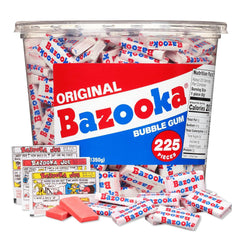 Bazooka cubeta frontal mostrando 225 chicles y atractivo retro