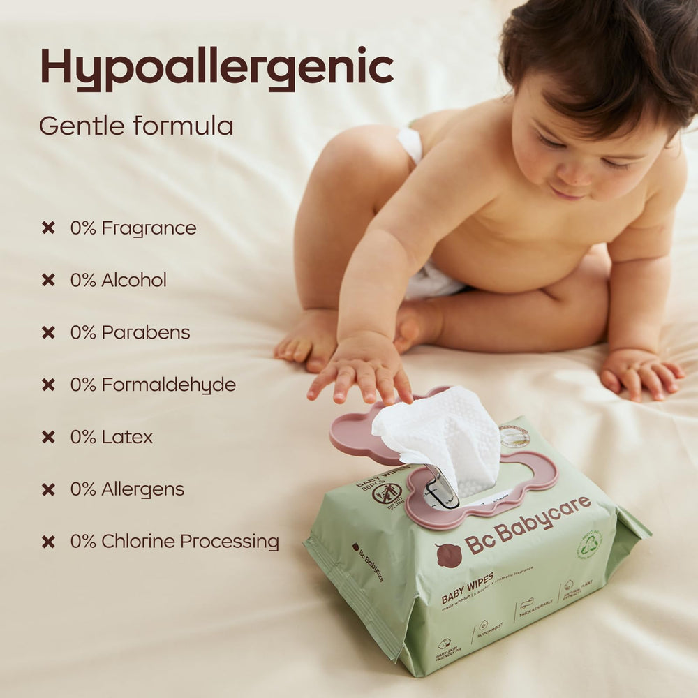 bc babycare envase con tapa abierta listo para extraer una toallita, uso fácil