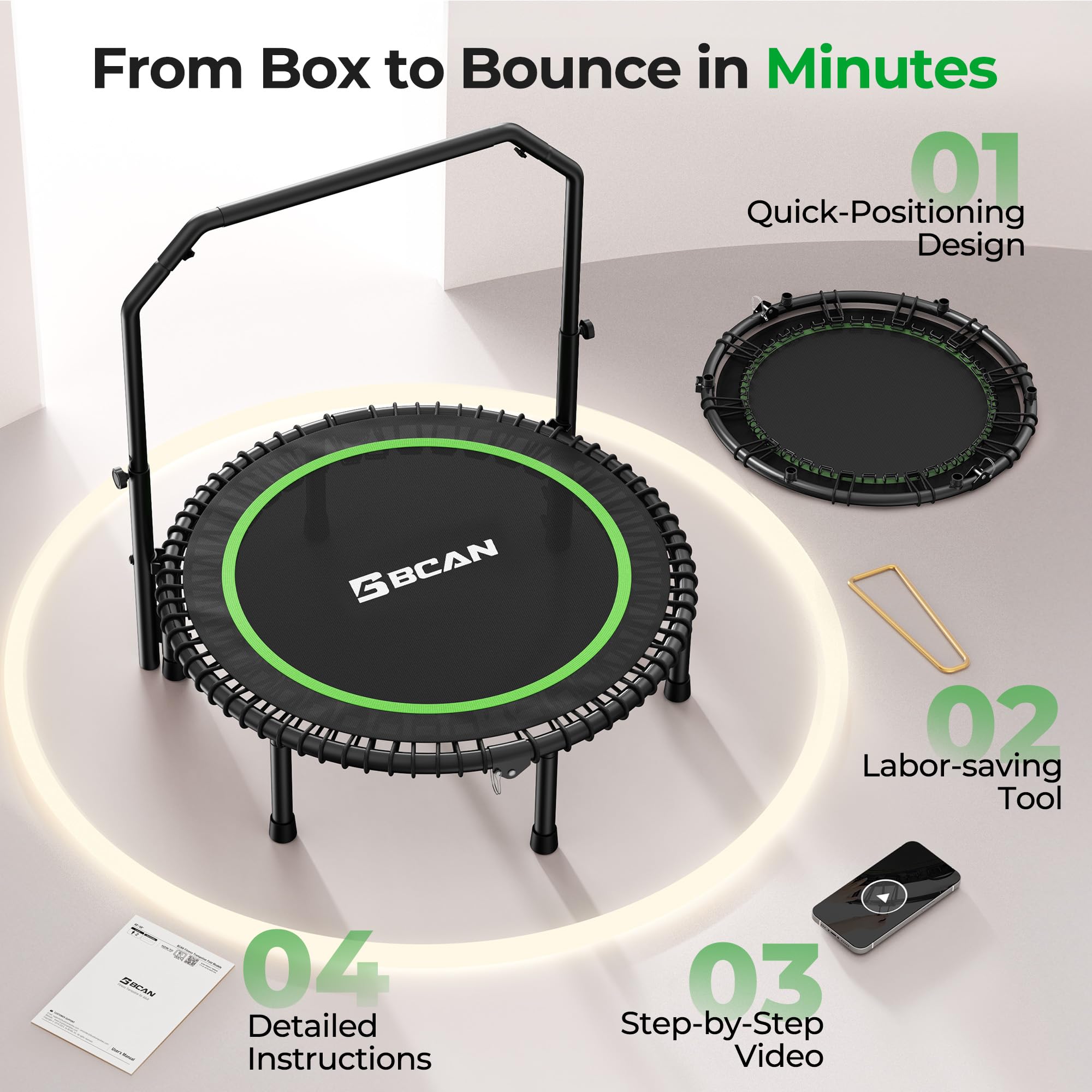 BCAN persona usando el rebounder en sala, ejercicio doméstico seguro