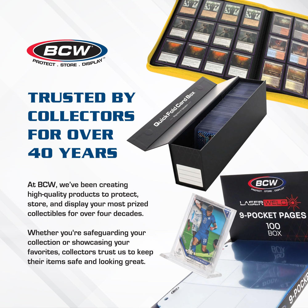 BCW display de colección en vitrina mostrando cartas bien protegidas