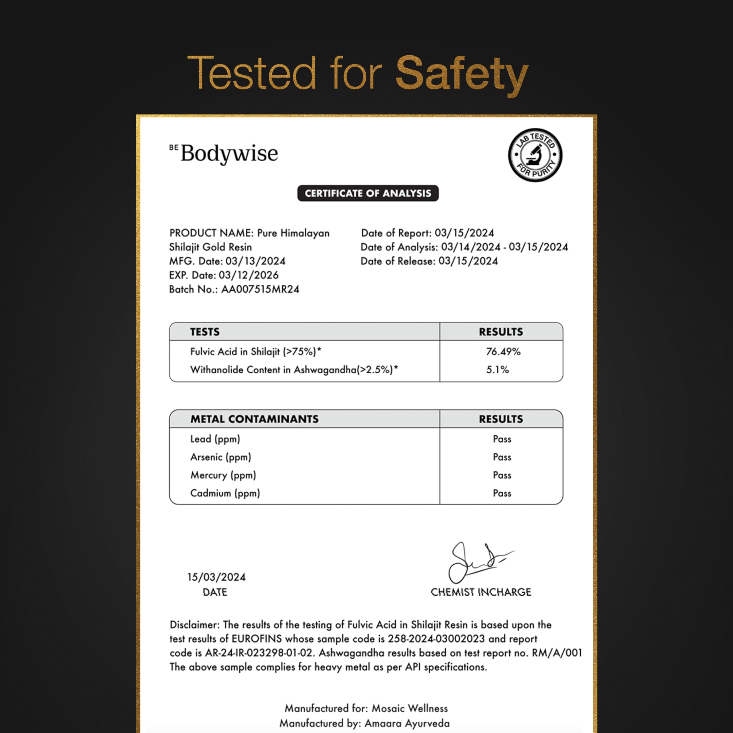 Be Bodywise etiqueta nutricional y certificado de laboratorio transparencia