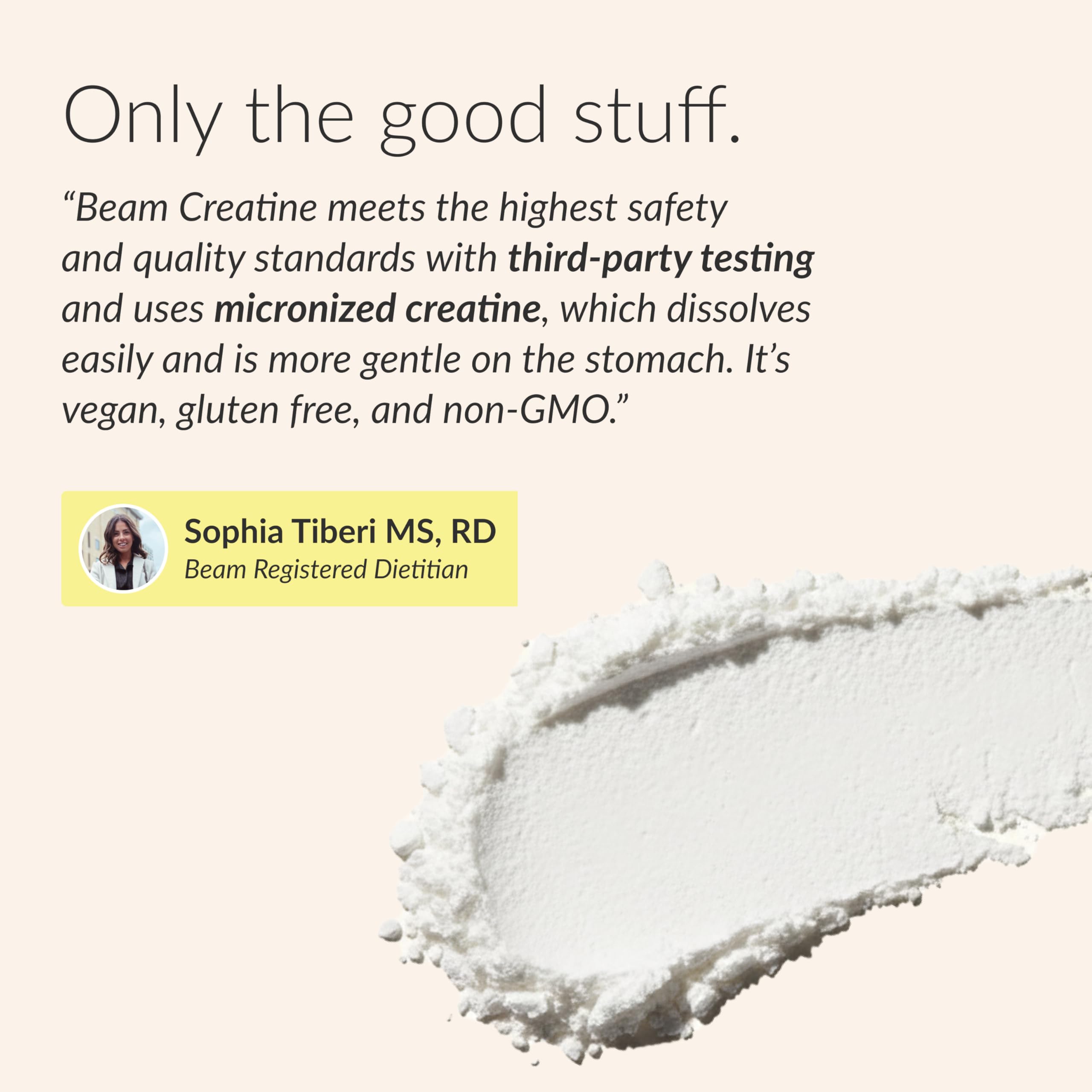 Etiqueta de BEAM creatina con lista de ingredientes y pruebas externas