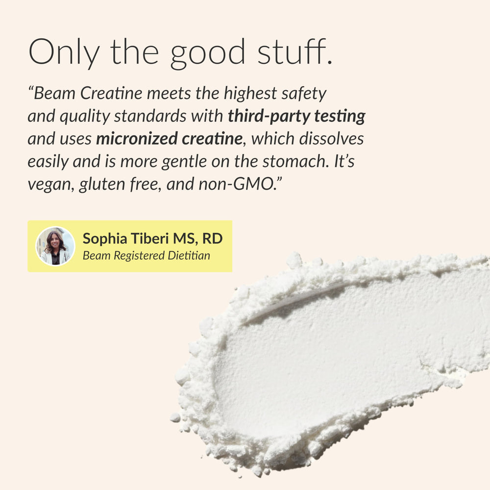 Etiqueta de BEAM creatina con lista de ingredientes y pruebas externas
