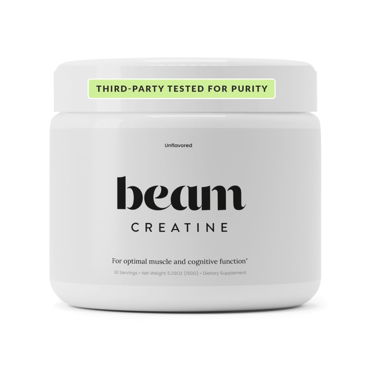 BEAM envase frontal limpio que muestra creatina pura y práctica