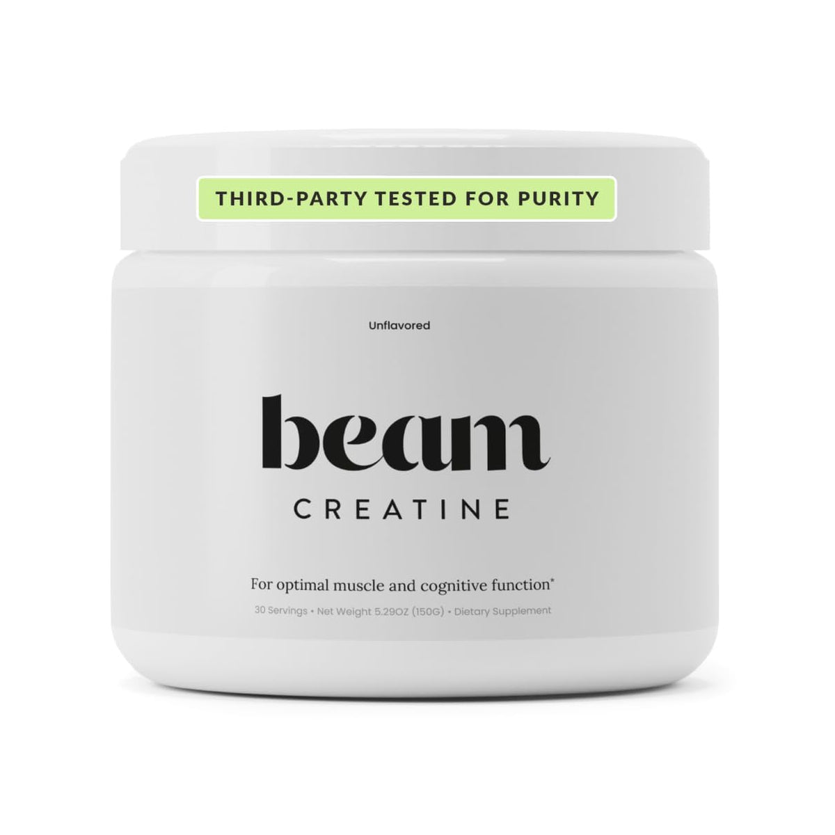 BEAM envase frontal limpio que muestra creatina pura y práctica