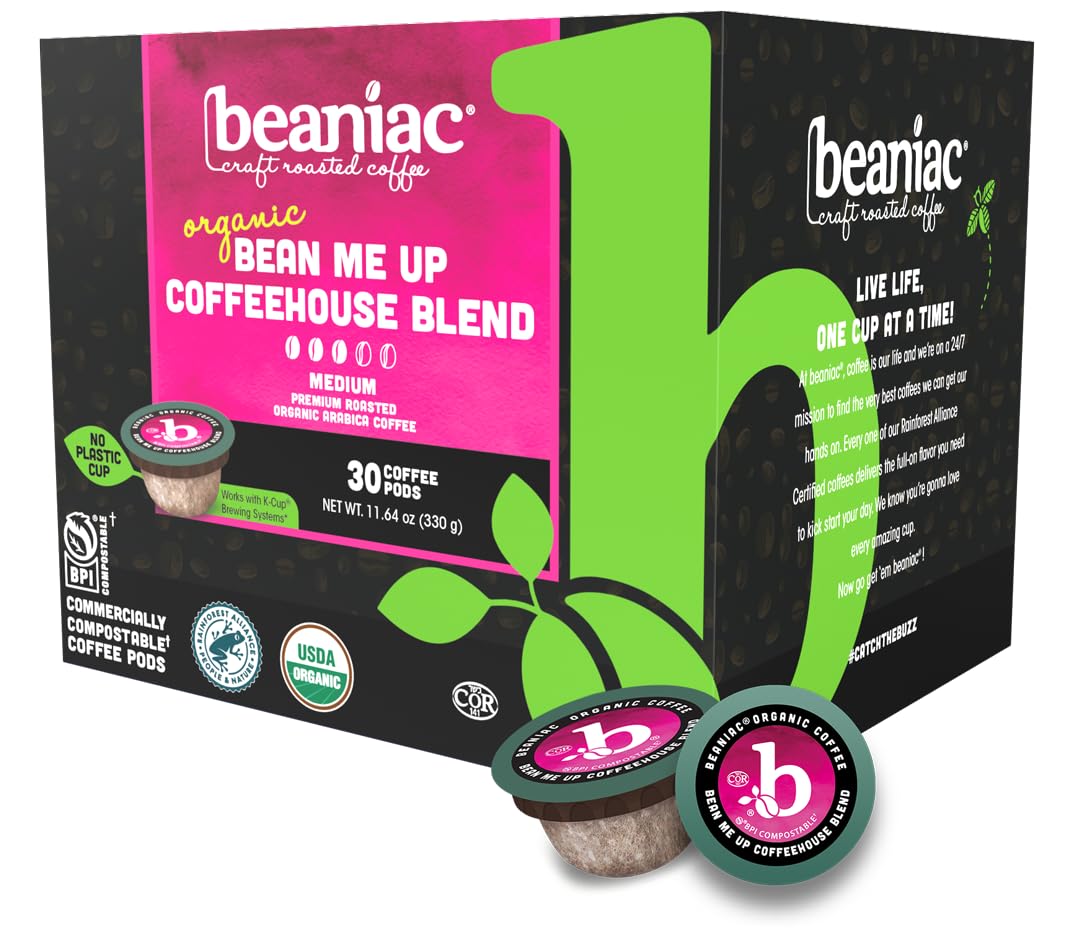 beaniac front packaging showing box and branding, highlights compostable pods benefit