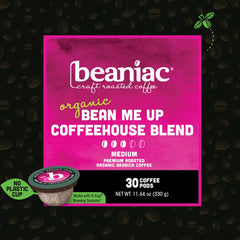 beaniac single pod closeup revealing pod shape and seal, emphasizes easy brewing