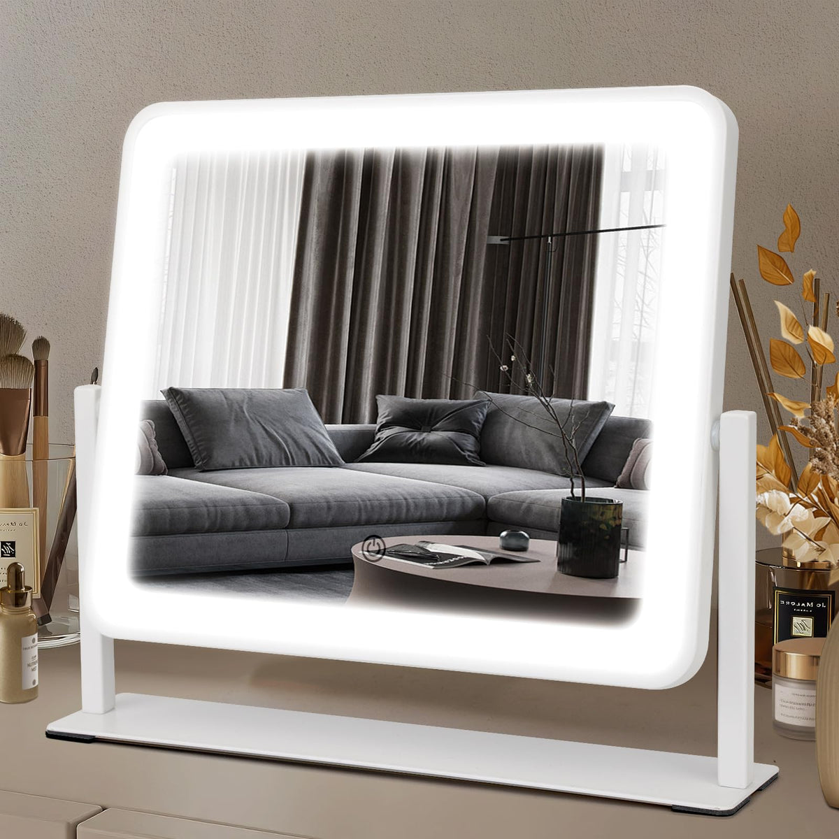 Bearvolve vista frontal del espejo iluminado con luz uniforme, ideal para maquillaje