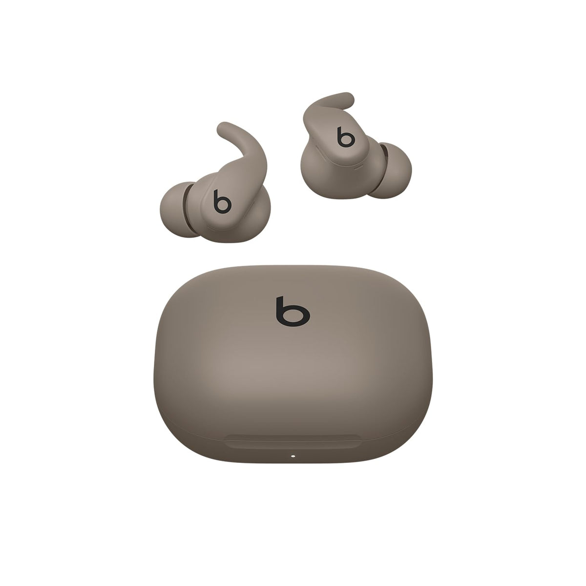 Beats Powerbeats Fit frontal en Gravel Gray mostrando diseño y ajuste seguro