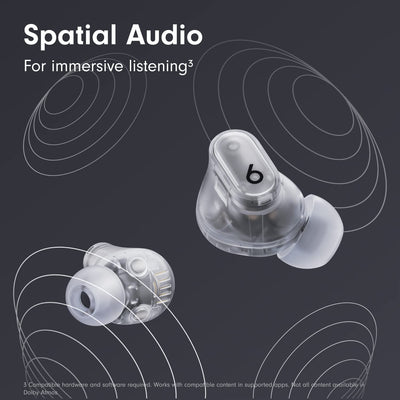 Beats Studio Buds + button detail highlighting on-ear controls for quick mode switching
