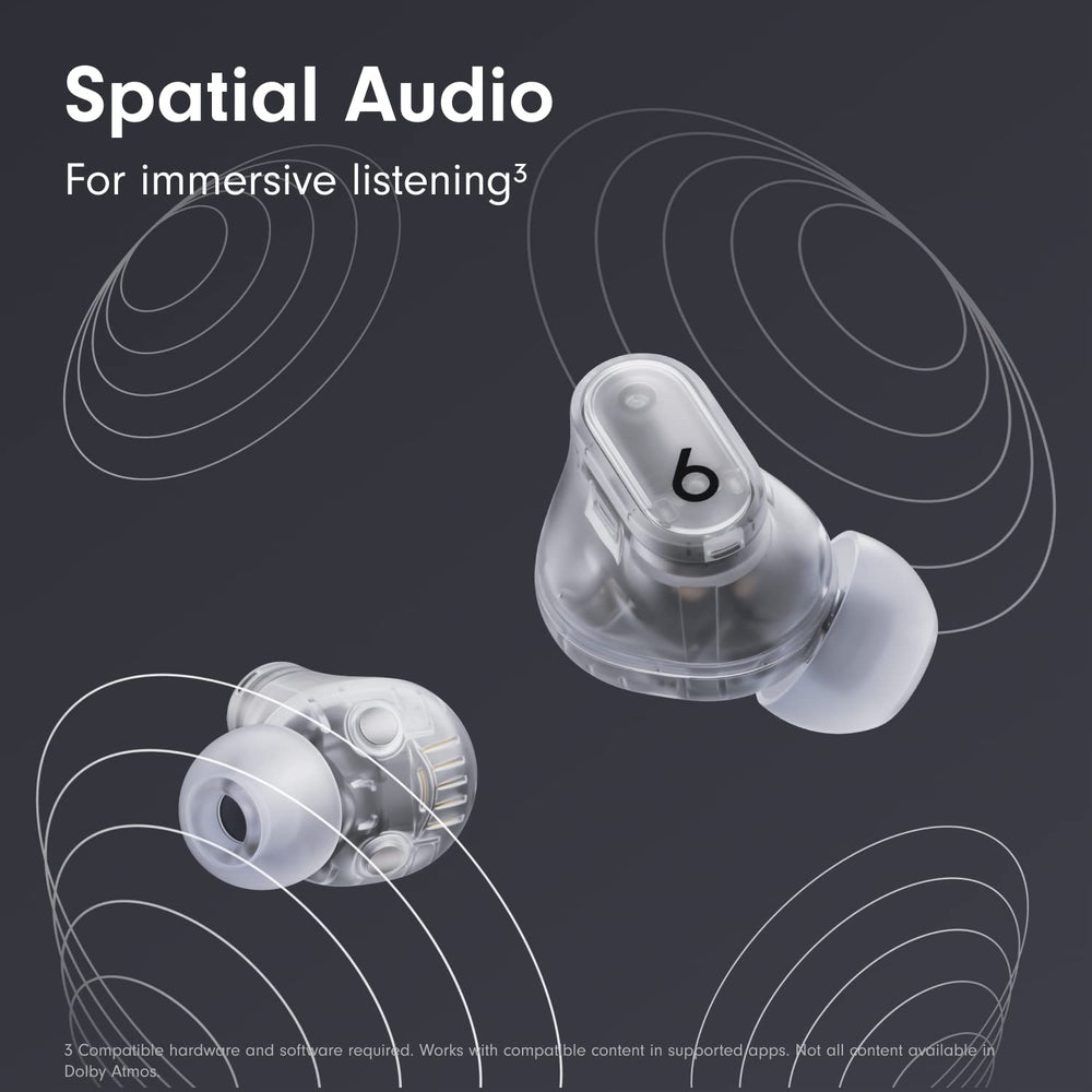 Beats Studio Buds + button detail highlighting on-ear controls for quick mode switching