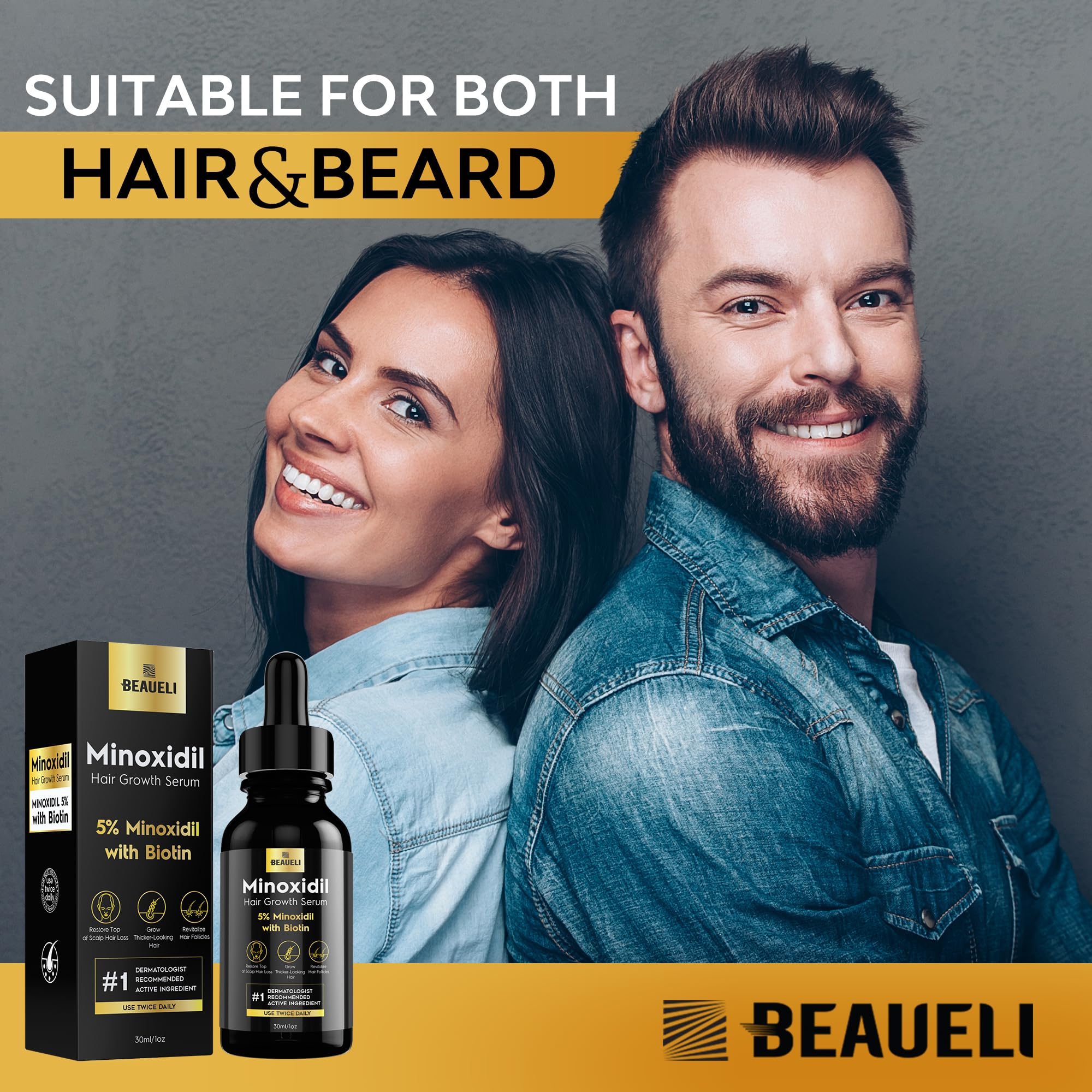 beaueli etiqueta con ingredientes clave minoxidil y biotina resaltados