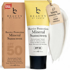 Beauty by Earth envase frontal mostrando SPF 50 y beneficio de cobertura amplia