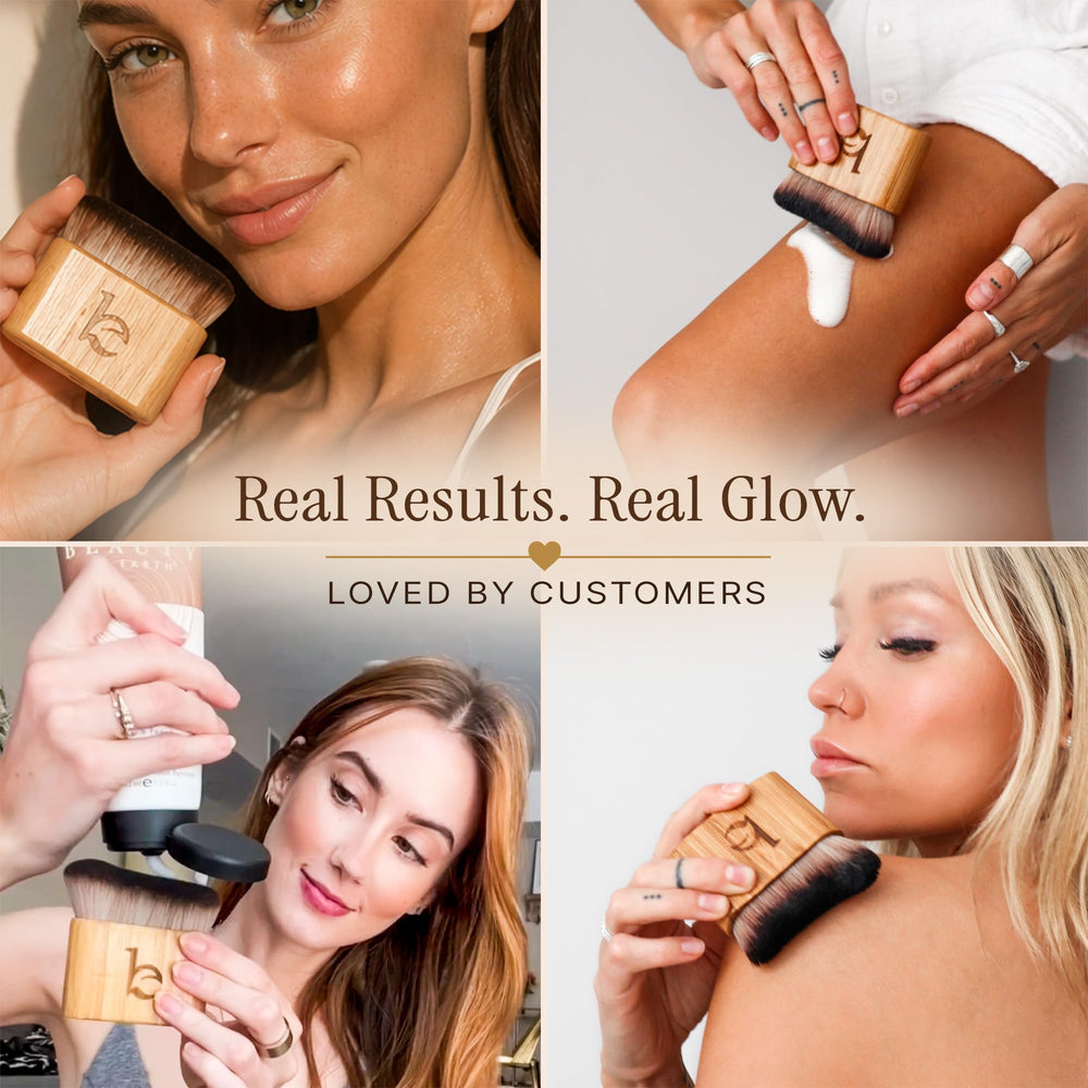 Beauty by Earth brocha junto a productos en baño para rutina sostenible