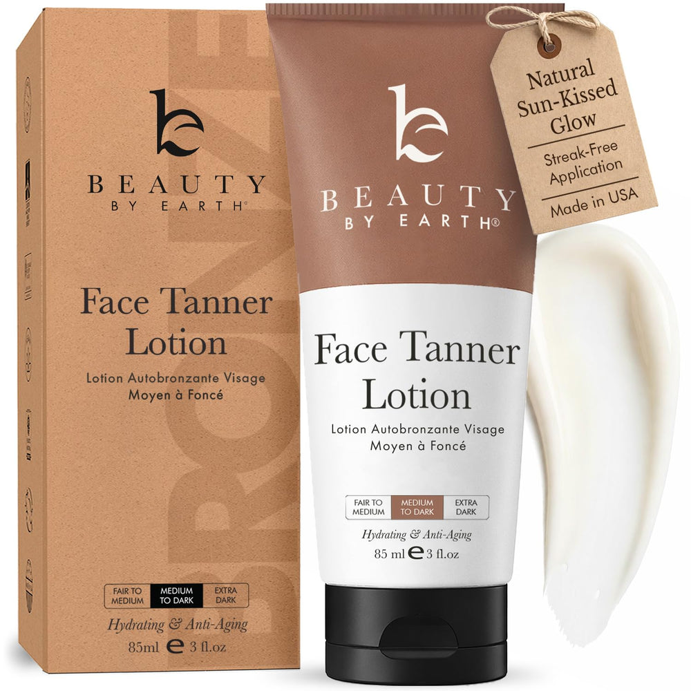 Beauty by Earth front packaging showing face tanner bottle and benefits