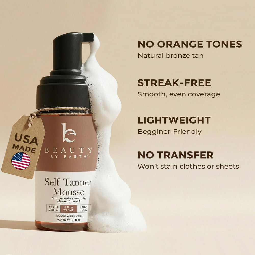 Beauty by Earth mousse applied with mitt for streak-free, even coverage