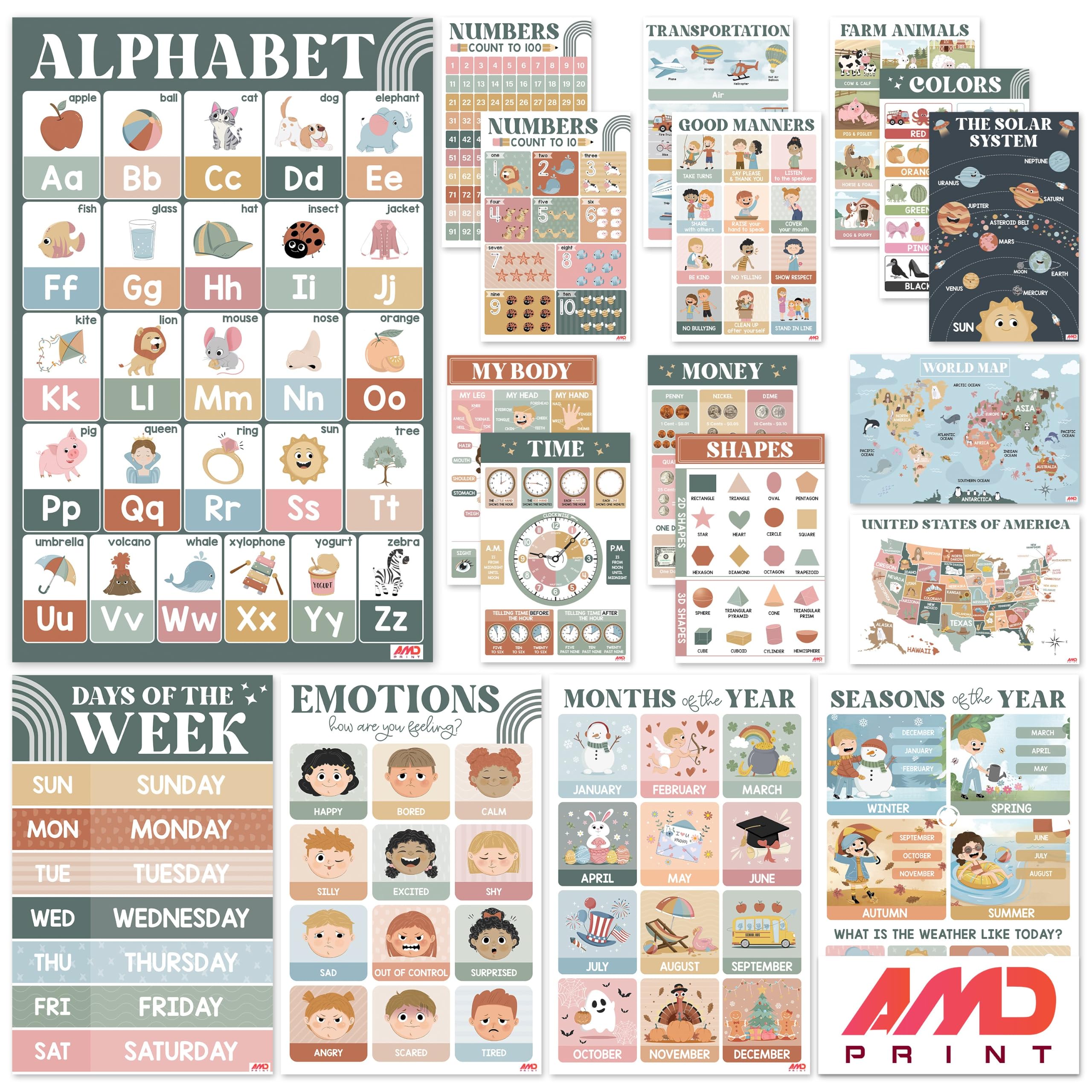 BEAWART vista frontal del pack de 18 carteles, colores claros y diseño boho para aula