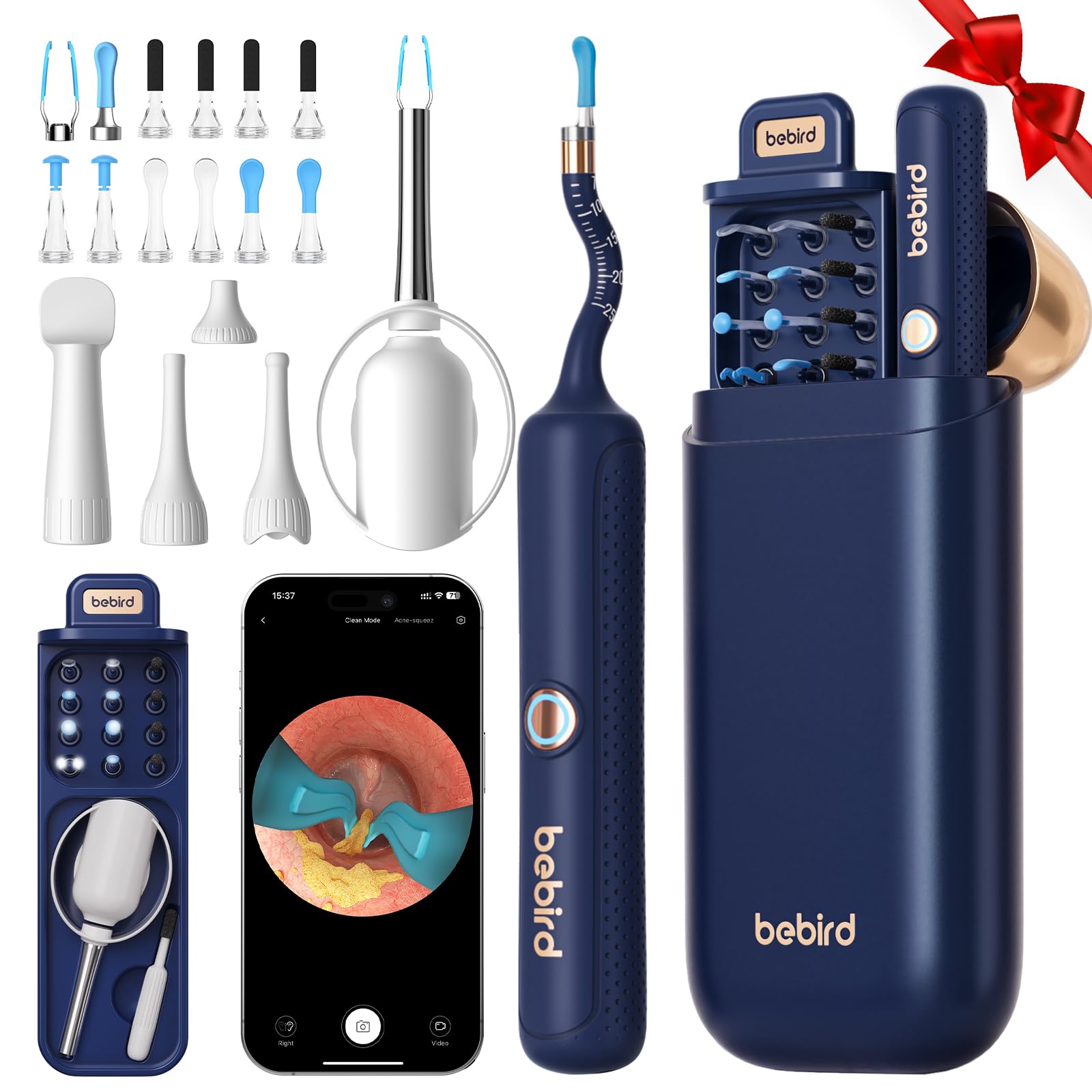 BEBIRD Earsight Plus R37R frontal mostrando diseño azul y cámara, control visual seguro