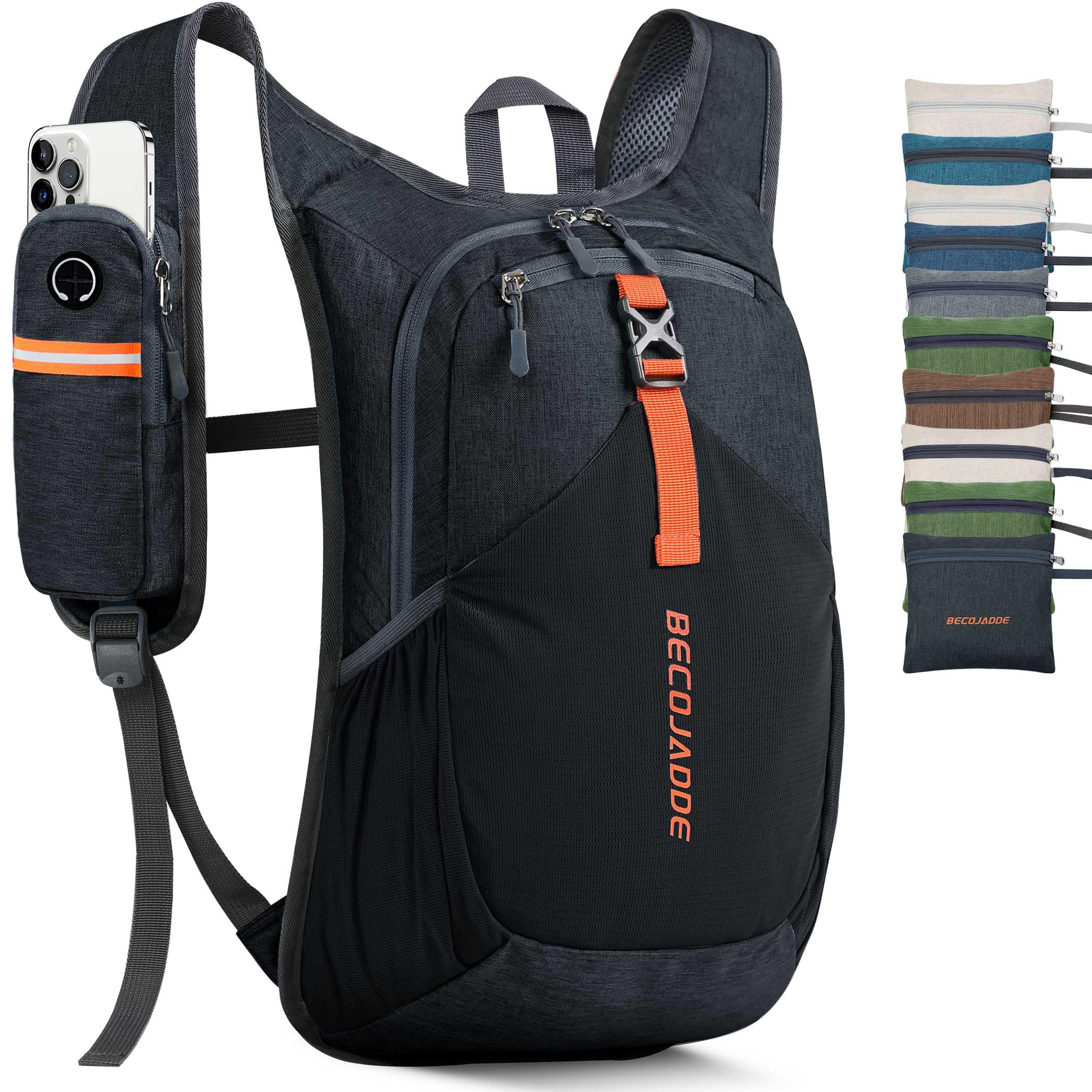 BECOJADDE front view showing organized pockets and compact silhouette for easy carrying