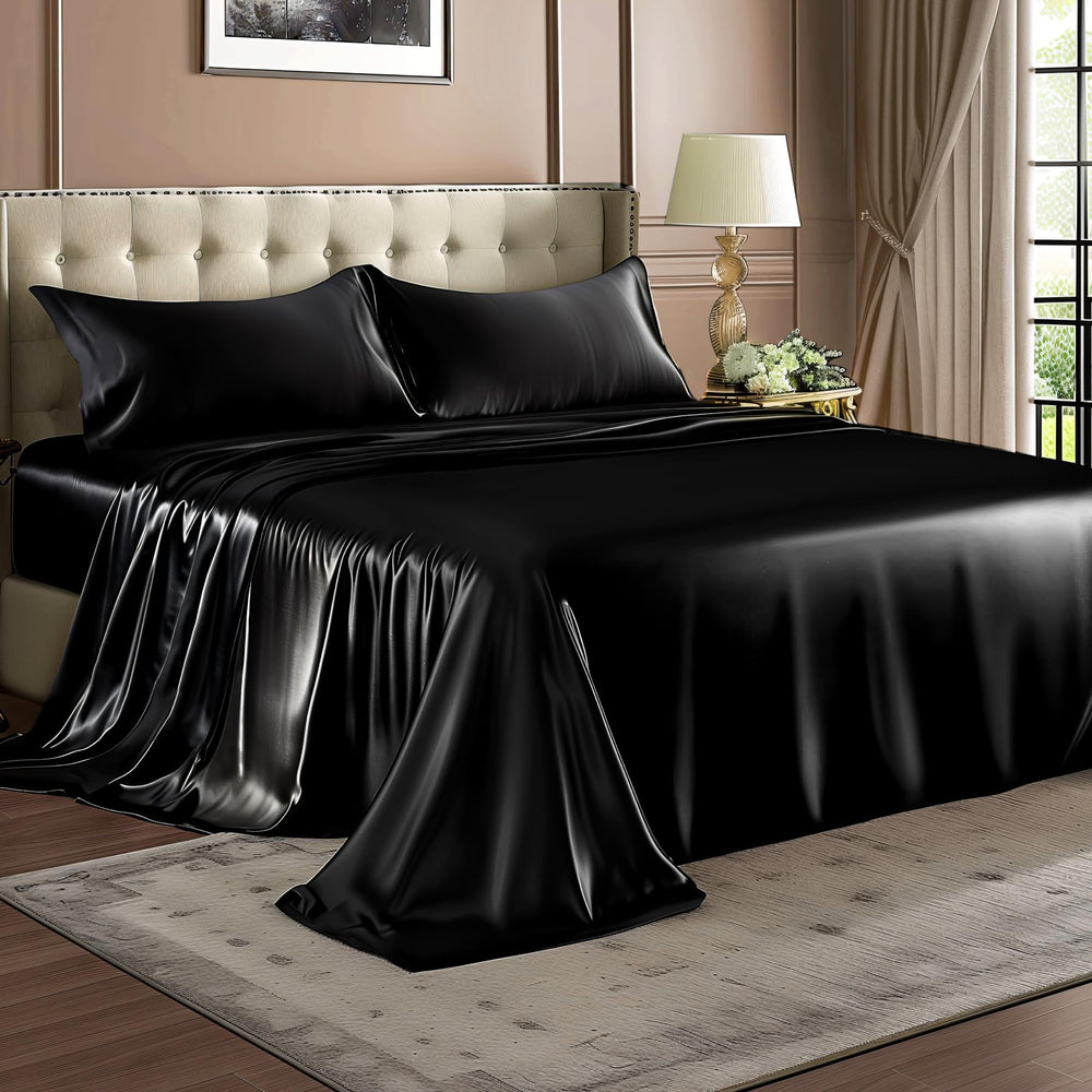 BEDELITE dormitorio ambientado con sábanas negras mostrando estilo moderno