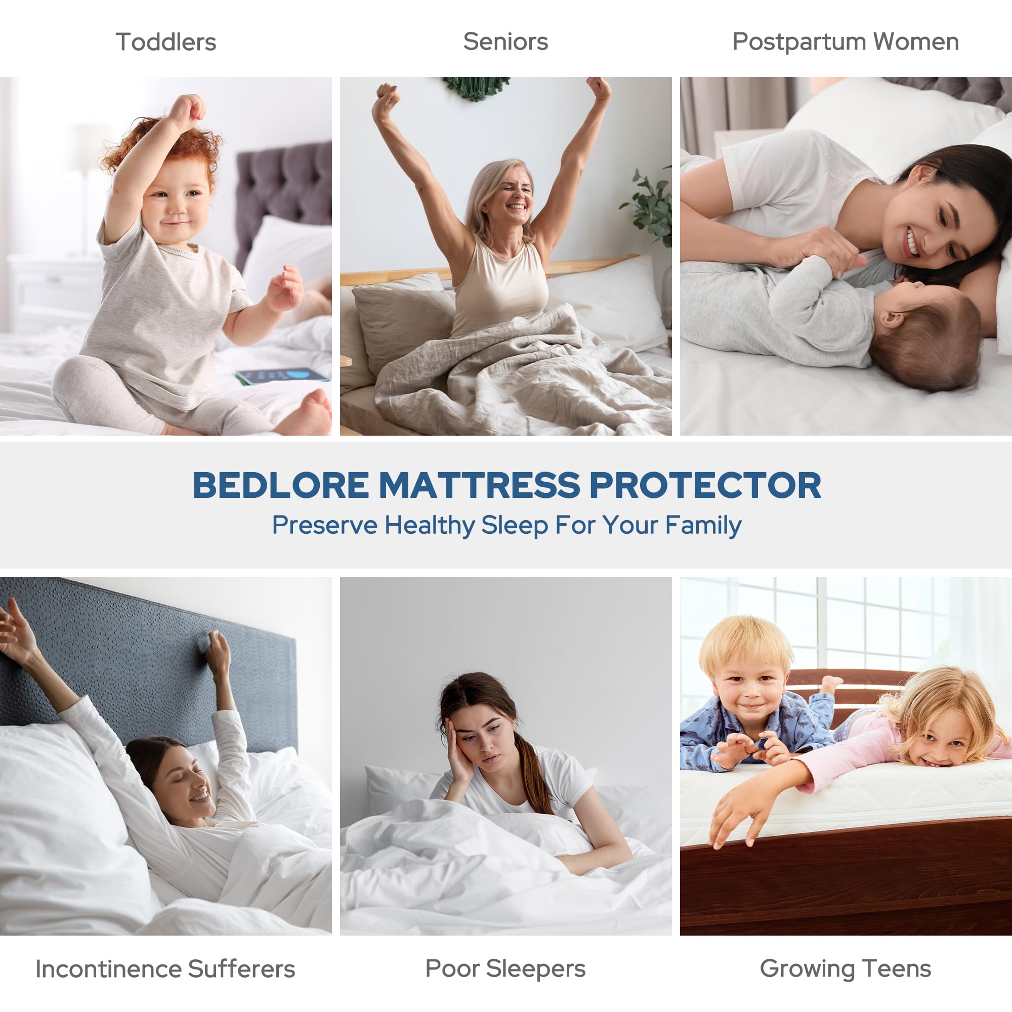 BEDLORE protector puesto sobre colchón queen demostrando uso diario y ajuste seguro