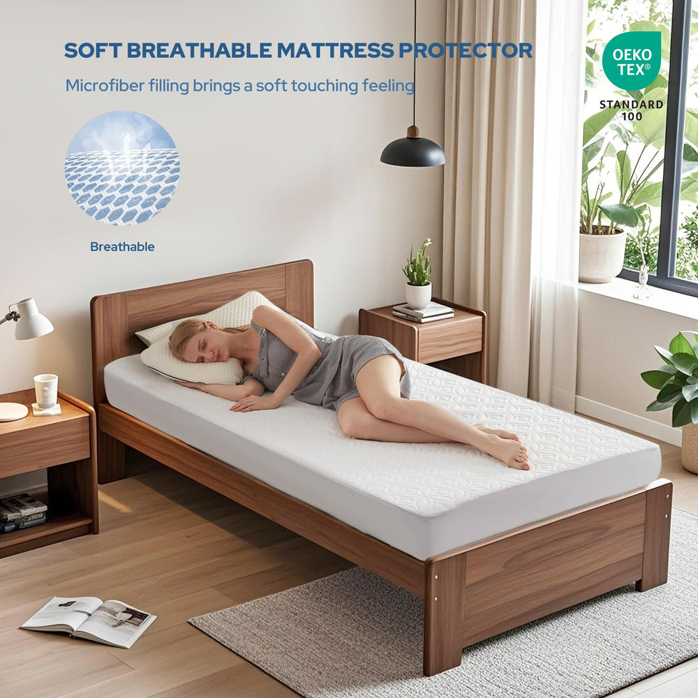 BEDLORE protector puesto en cama mostrando protección y estética