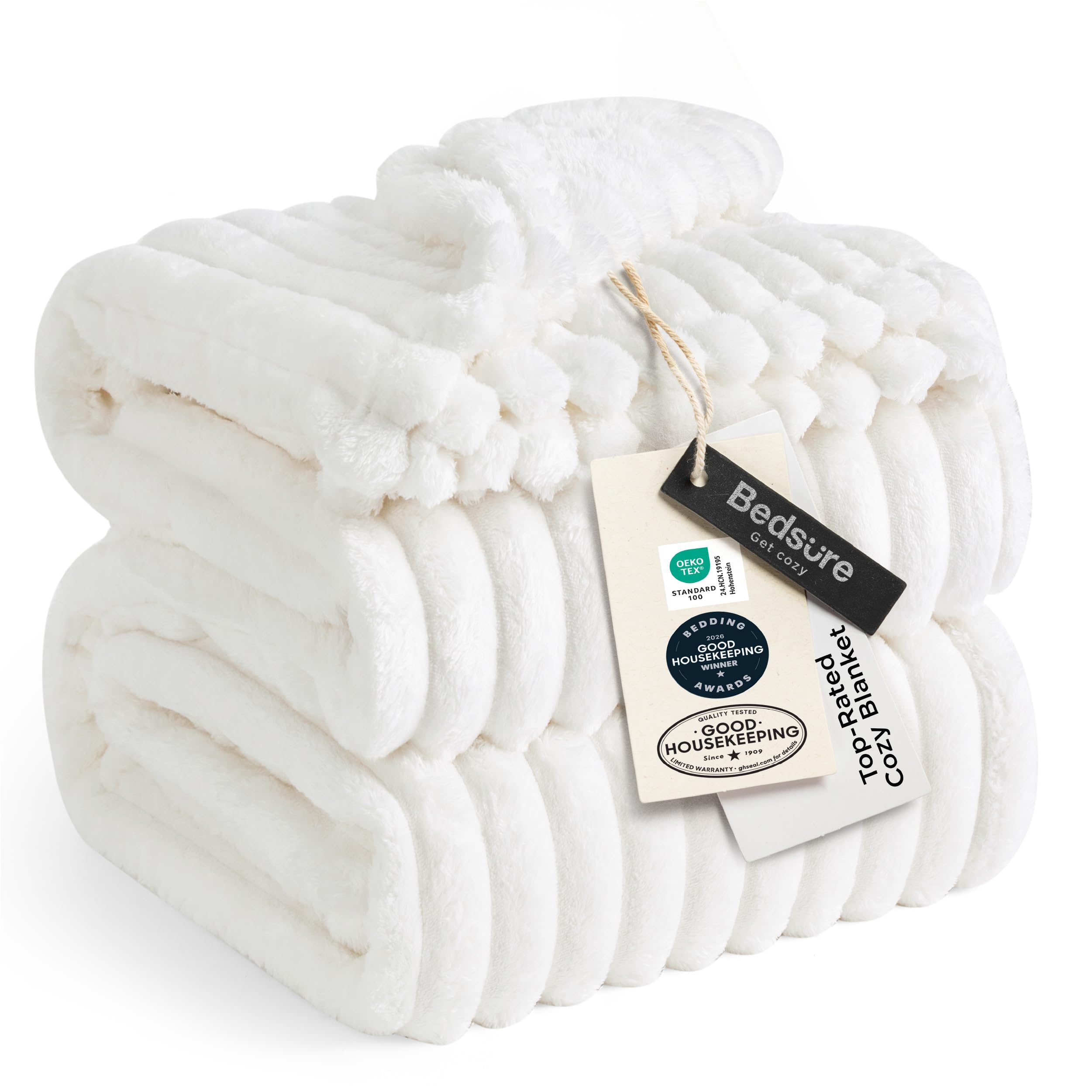Bedsure vista frontal de la manta off white, aspecto acogedor y moderno