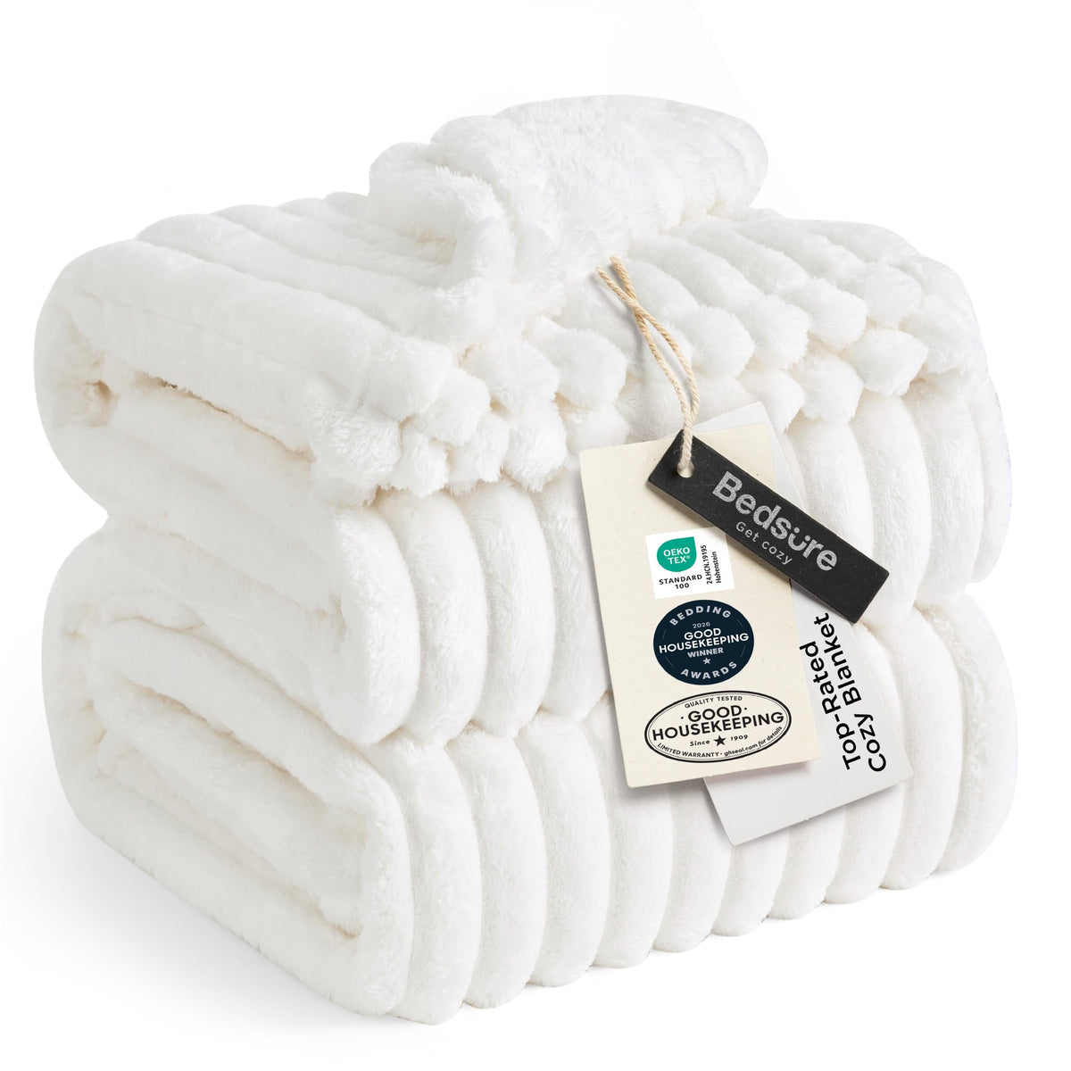 Bedsure vista frontal de la manta off white, aspecto acogedor y moderno