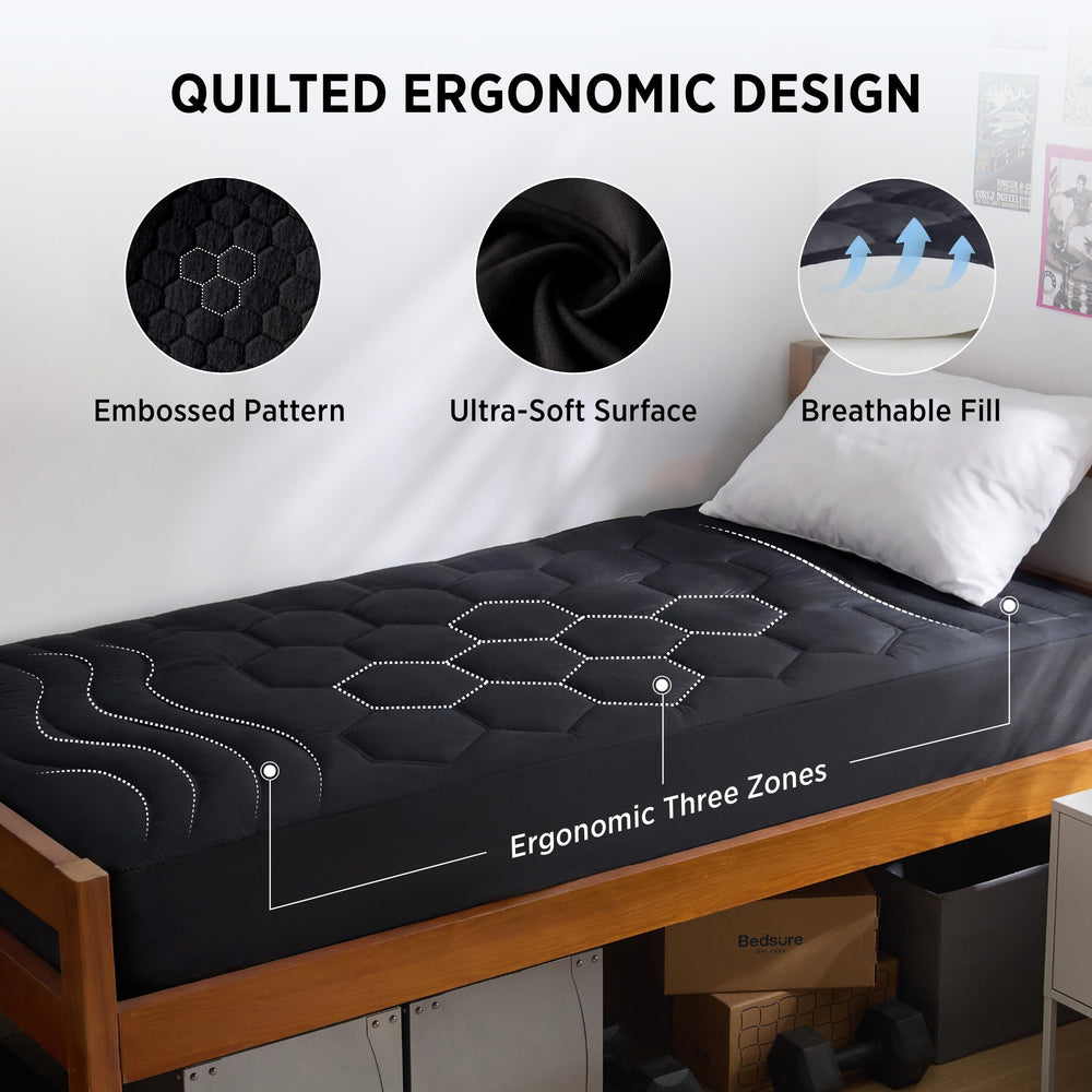 Bedsure topper colocado en cama de dormitorio universitario para mayor confort