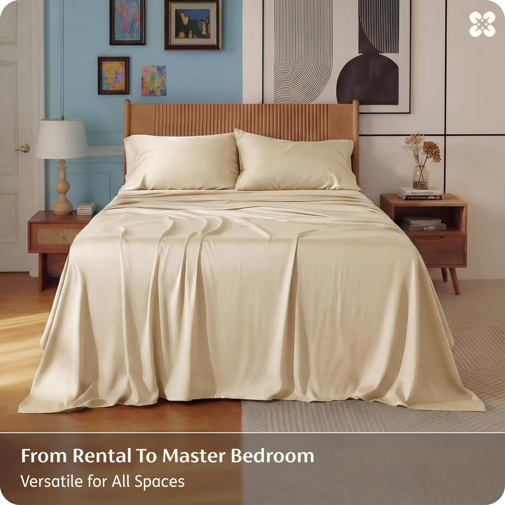 Bedsure PureWoven flat sheet nicely spread on bed showing smooth cooling surface