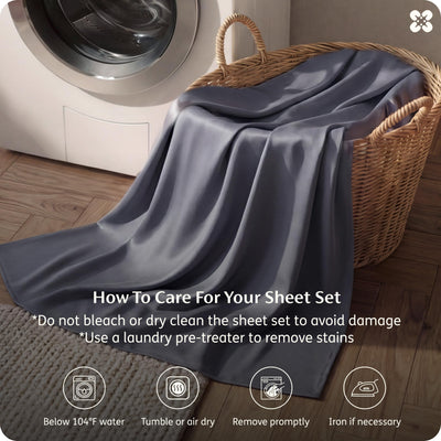 Bedsure PureWoven care label showing washing instructions for long-lasting sheets