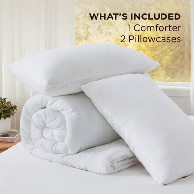 Bedsure comforter next to measuring tape showing 120x98 oversized king coverage