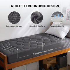 Bedsure topper colocado en cama tipo dormitorio universitario para mejor descanso