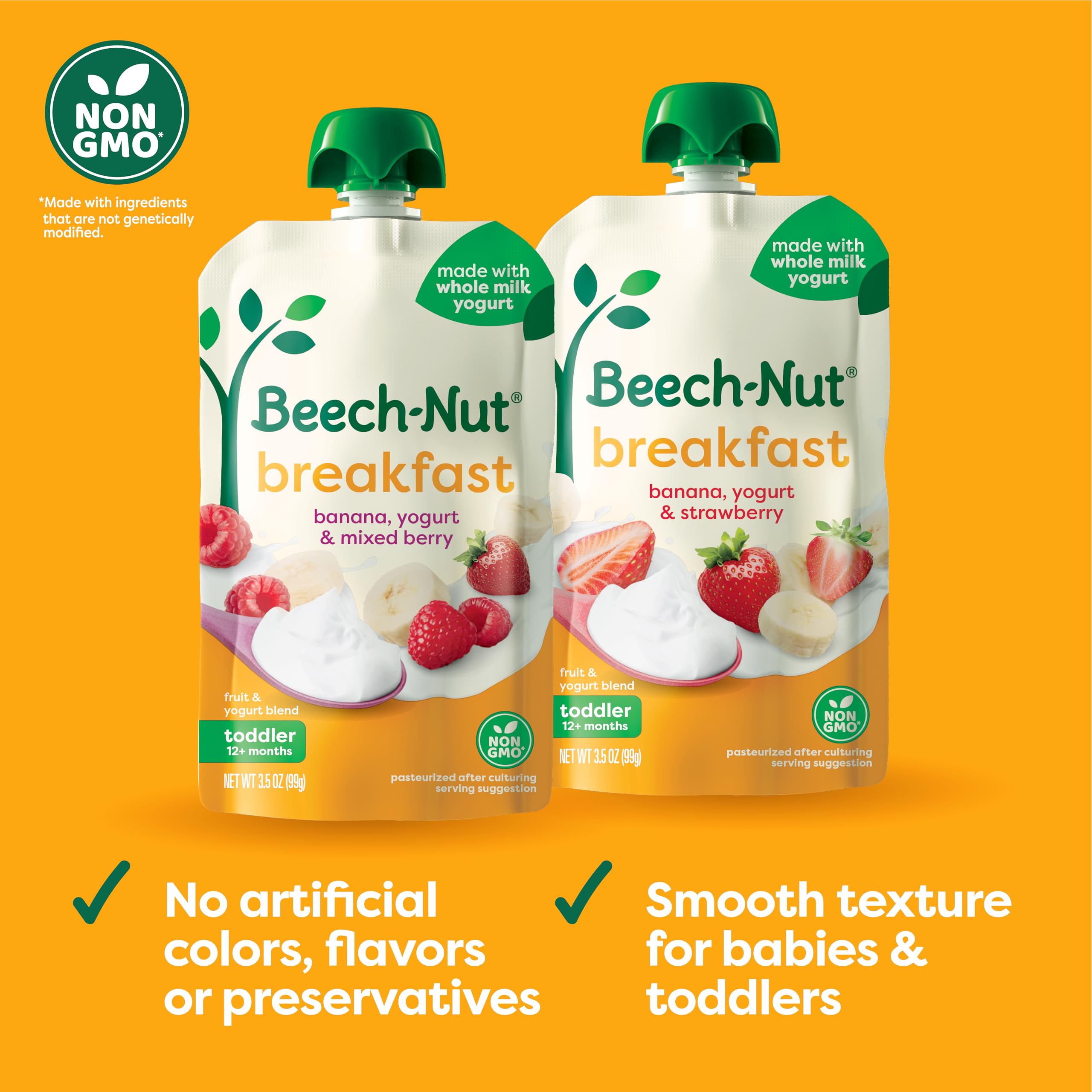 Beech-Nut niño sujetando pouch promoviendo autoalimentación segura