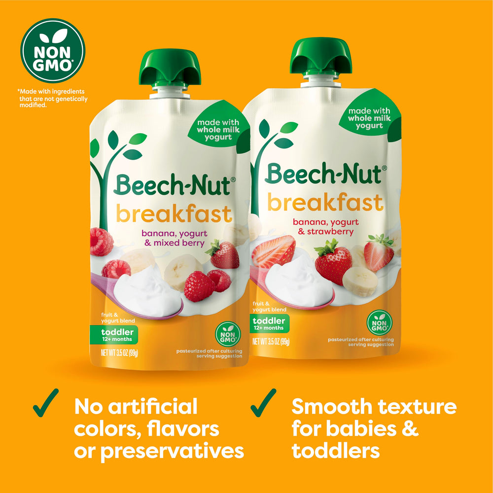 Beech-Nut niño sujetando pouch promoviendo autoalimentación segura