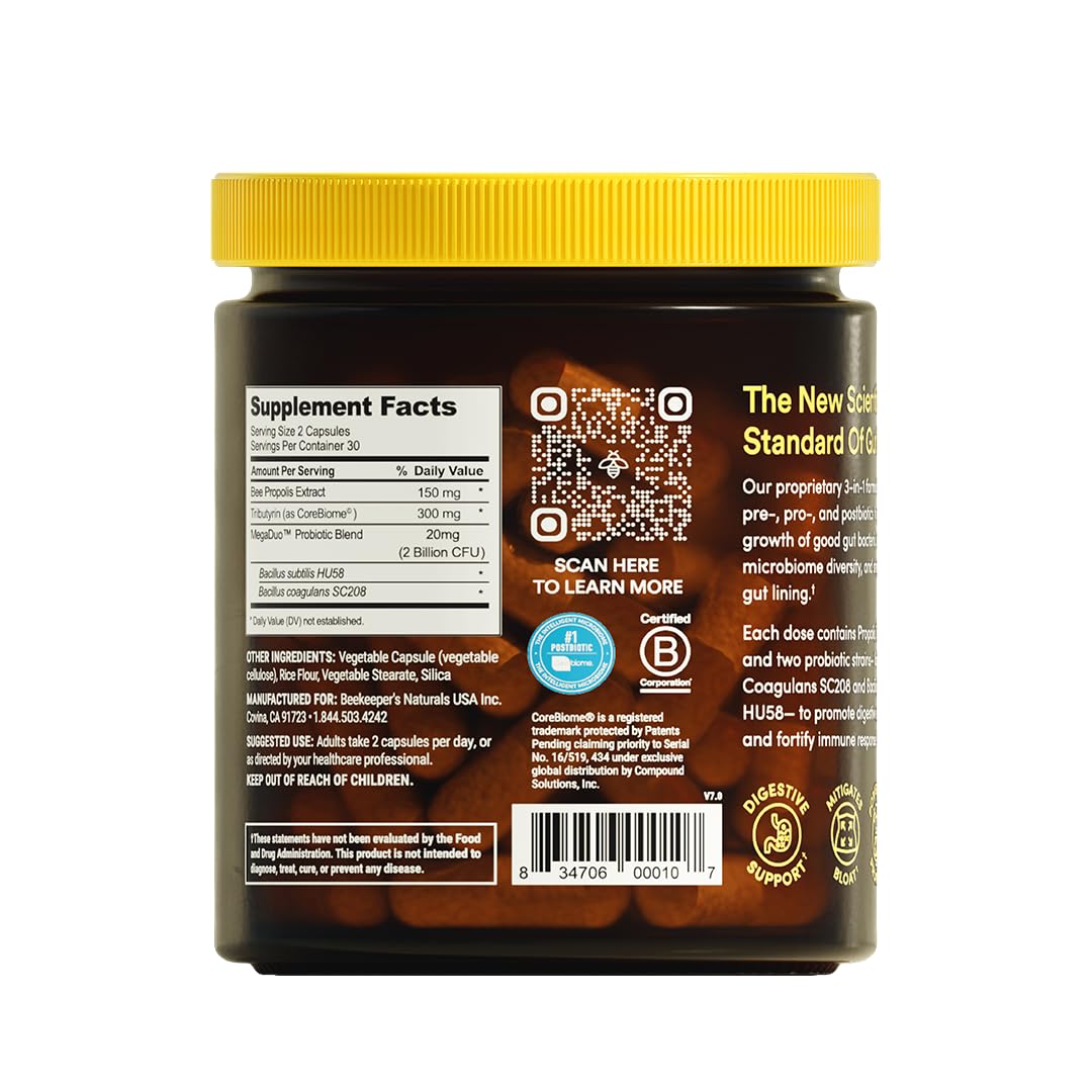 Beekeeper's Naturals primer plano de cápsulas que ilustra textura y facilidad de ingesta