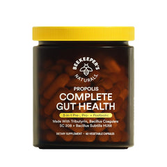 Beekeeper's Naturals frasco frontal mostrando Complete Gut Health y su beneficio de equilibrio digestivo