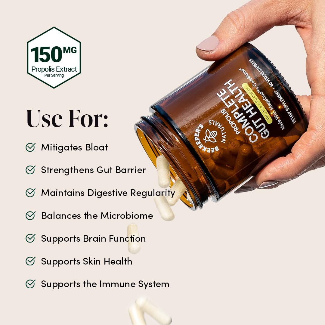 Beekeeper's Naturals frasco en mano para comparar tamaño y cantidad de 60 cápsulas