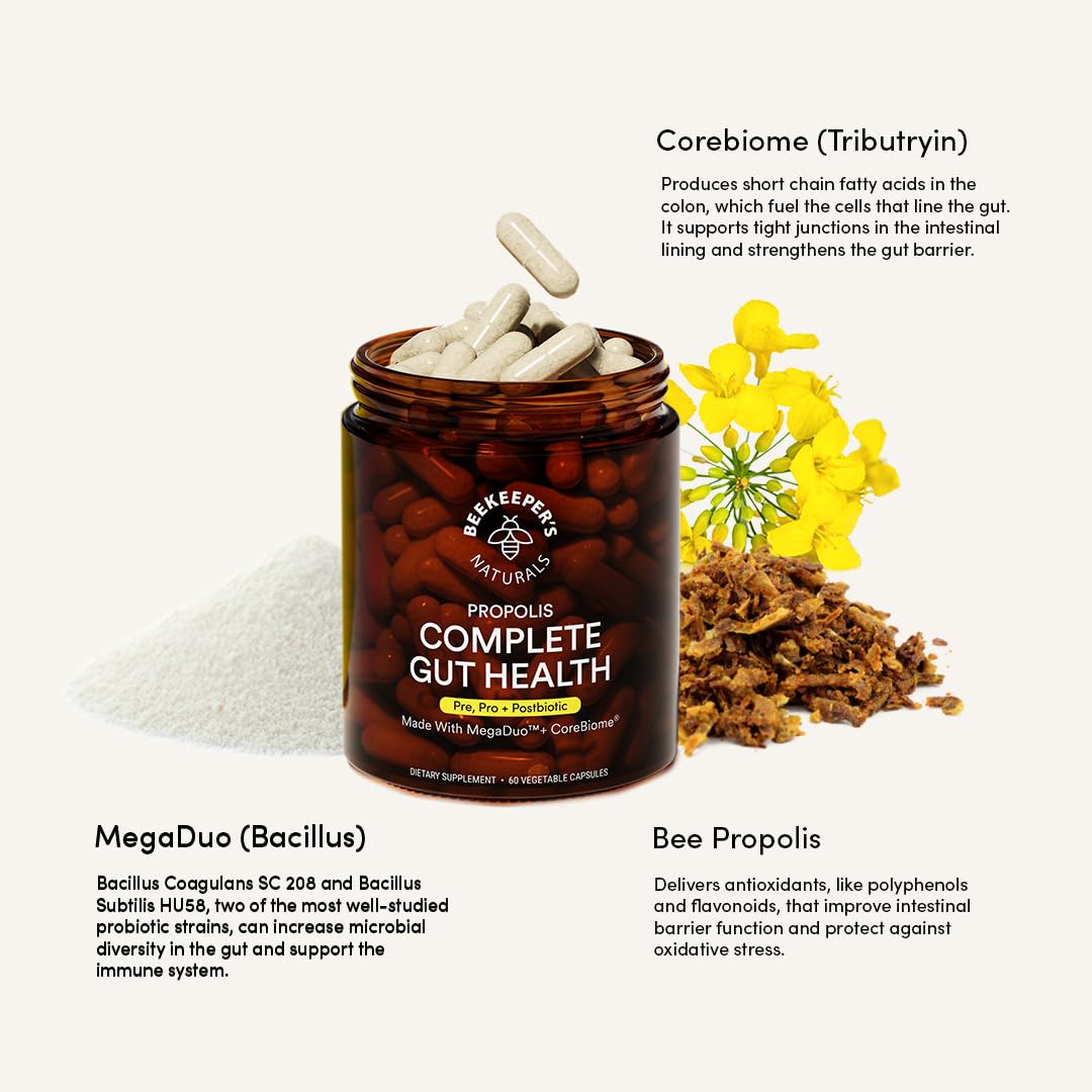 Beekeeper's Naturals frasco junto a motivos de colmena sugiriendo origen apícola y naturalidad