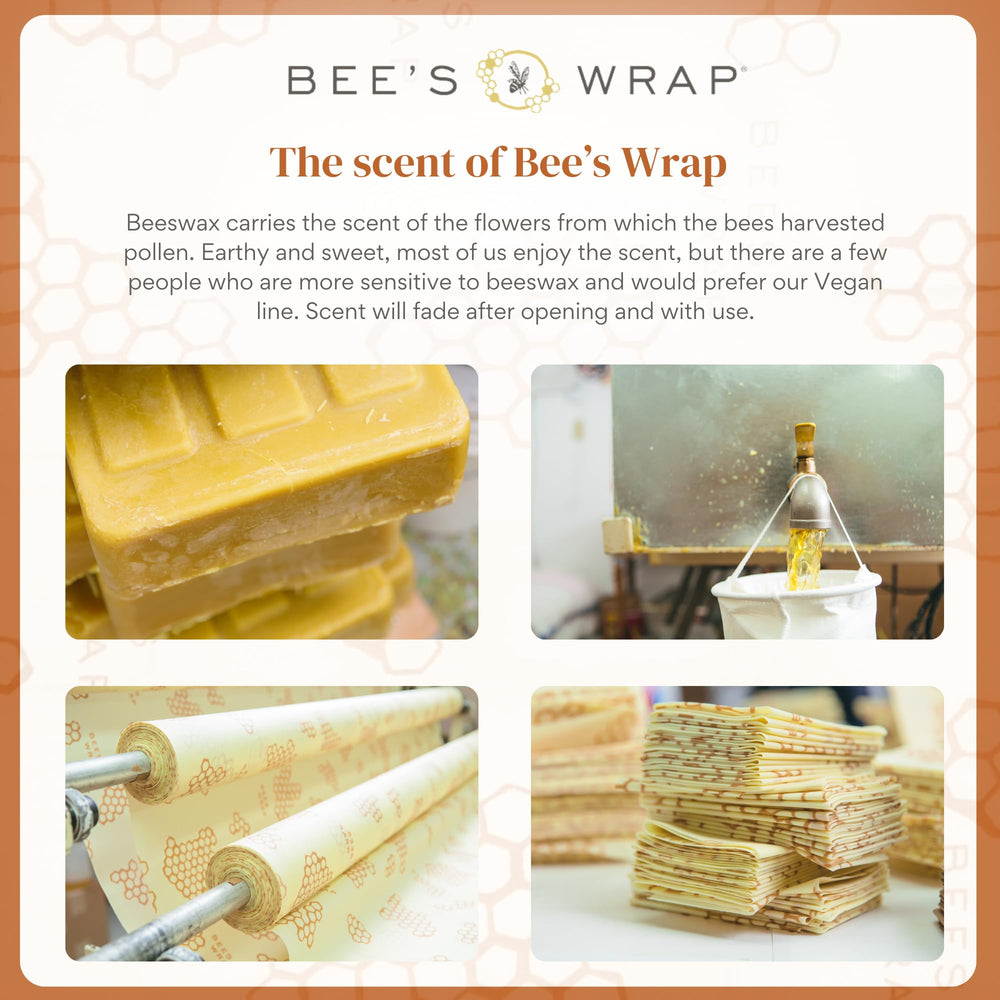 Bee's Wrap etiqueta de materiales, informa sobre cera y aceites