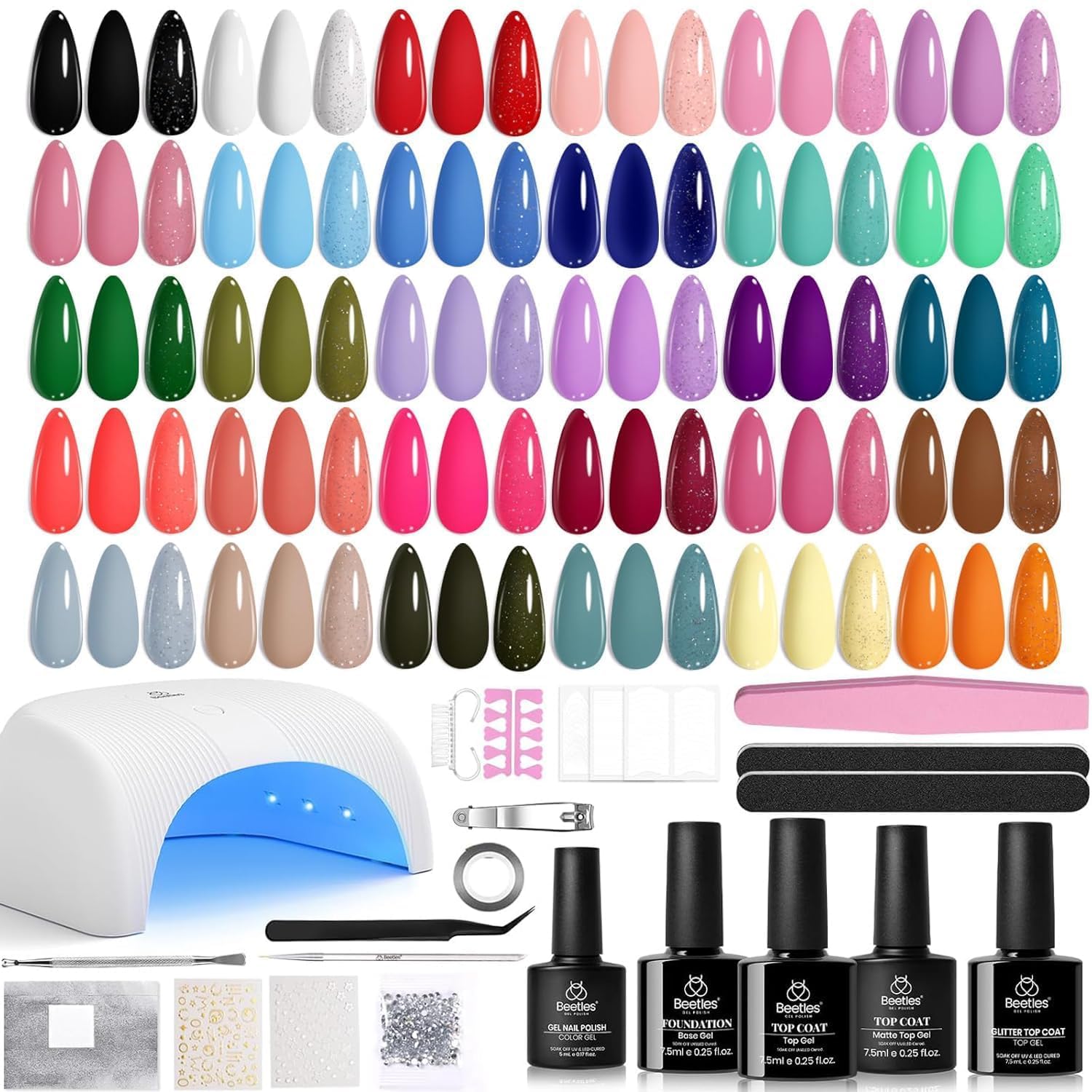 Beetles kit frente del paquete mostrando 32 colores y lámpara, práctico para manicura