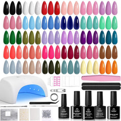 Beetles kit frente del paquete mostrando 32 colores y lámpara, práctico para manicura