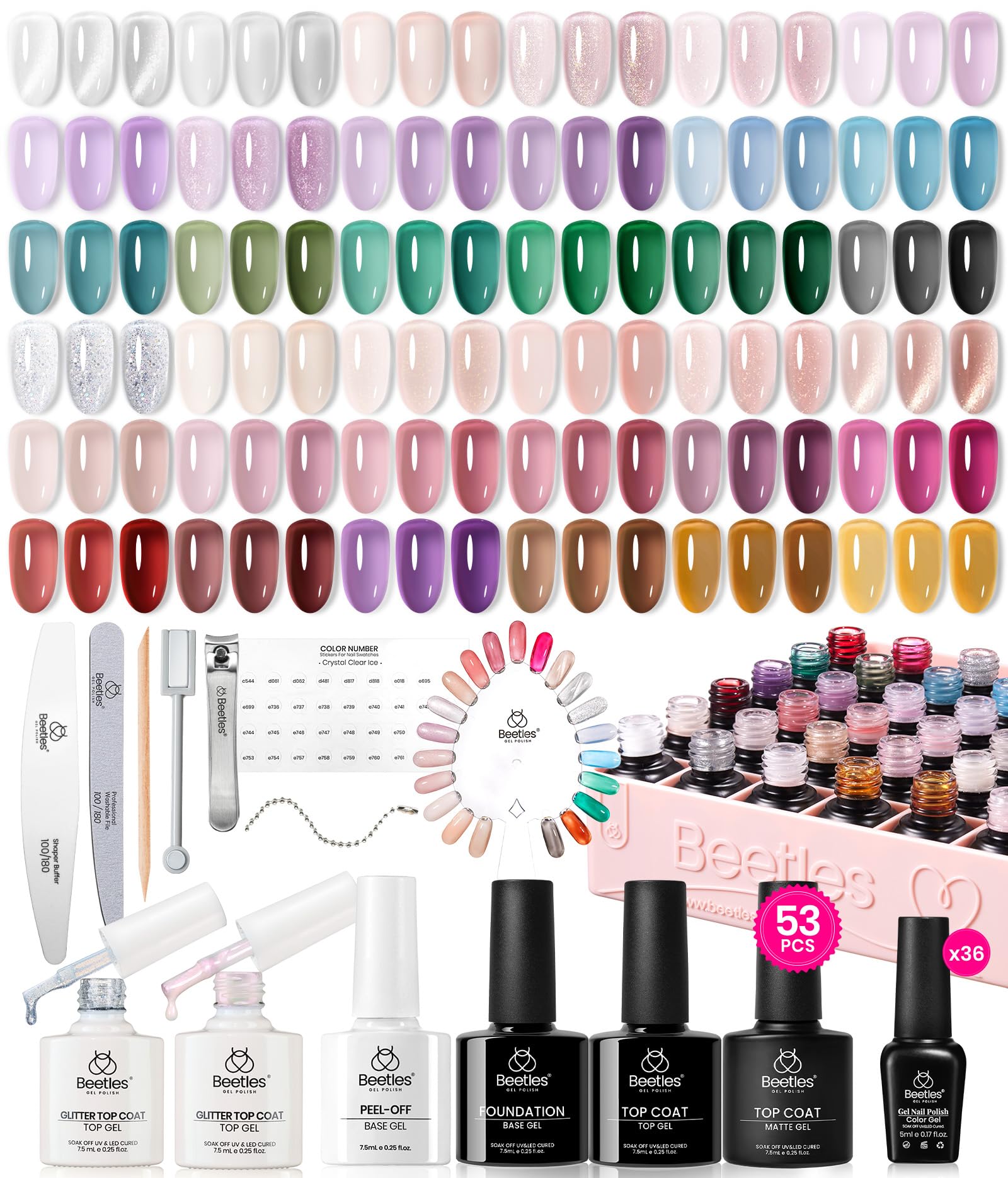 Beetles estuche rosa frontal mostrando kit completo y organización práctica