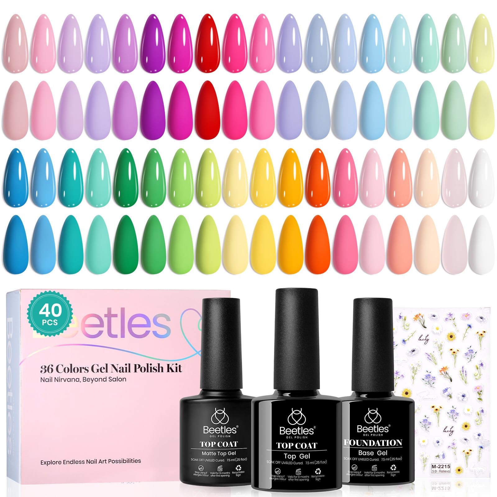 Beetles set frontal mostrando 36 colores y accesorios para variedad creativa