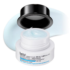 belif envase Aqua Bomb frente mostrando diseño y beneficio hidratación rápida