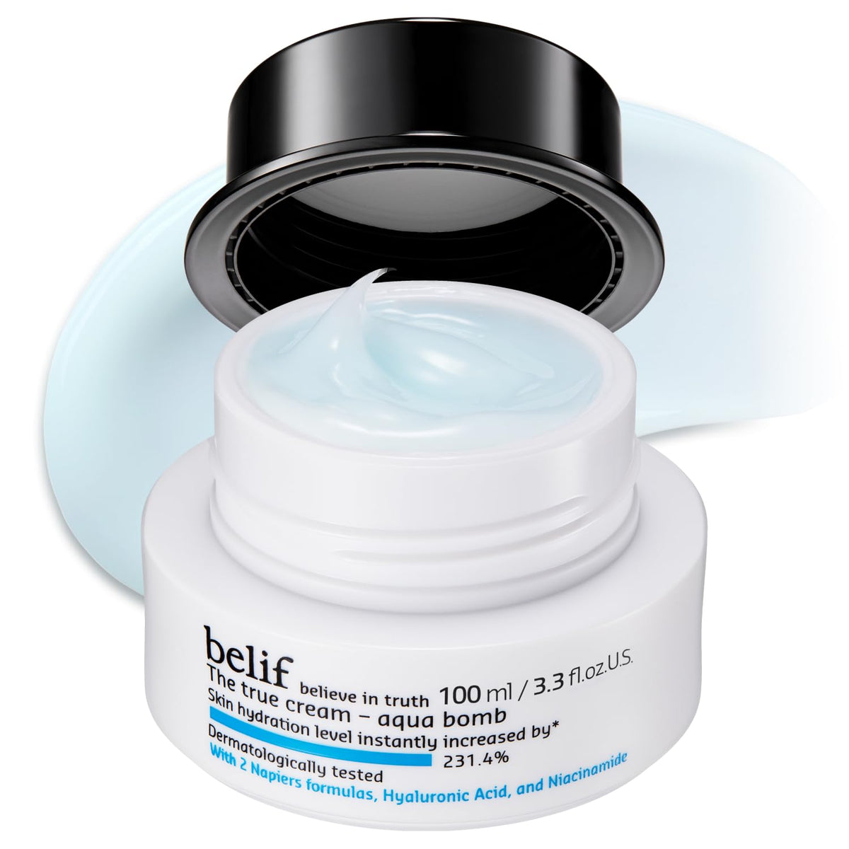 belif front jar showing label and lightweight hydrating gel for quick moisture
