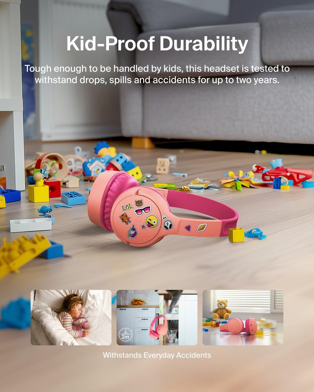 Belkin SoundForm Mini worn by child watching tablet for learning and travel